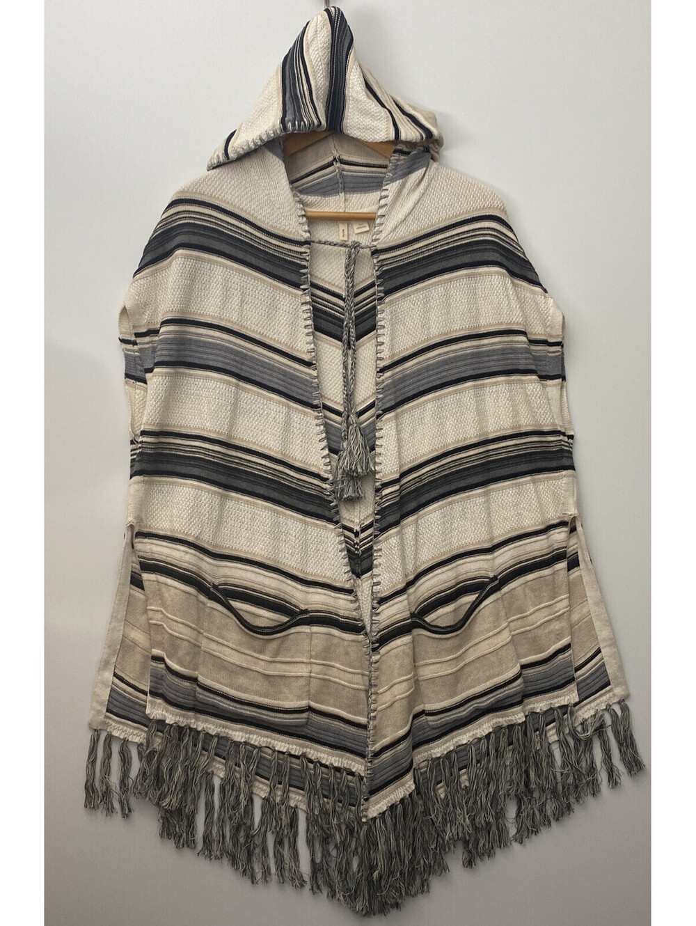 Anthropologie Moth Striped Hooded Baja Woven Cardigan Sz xs/s Beige Grey